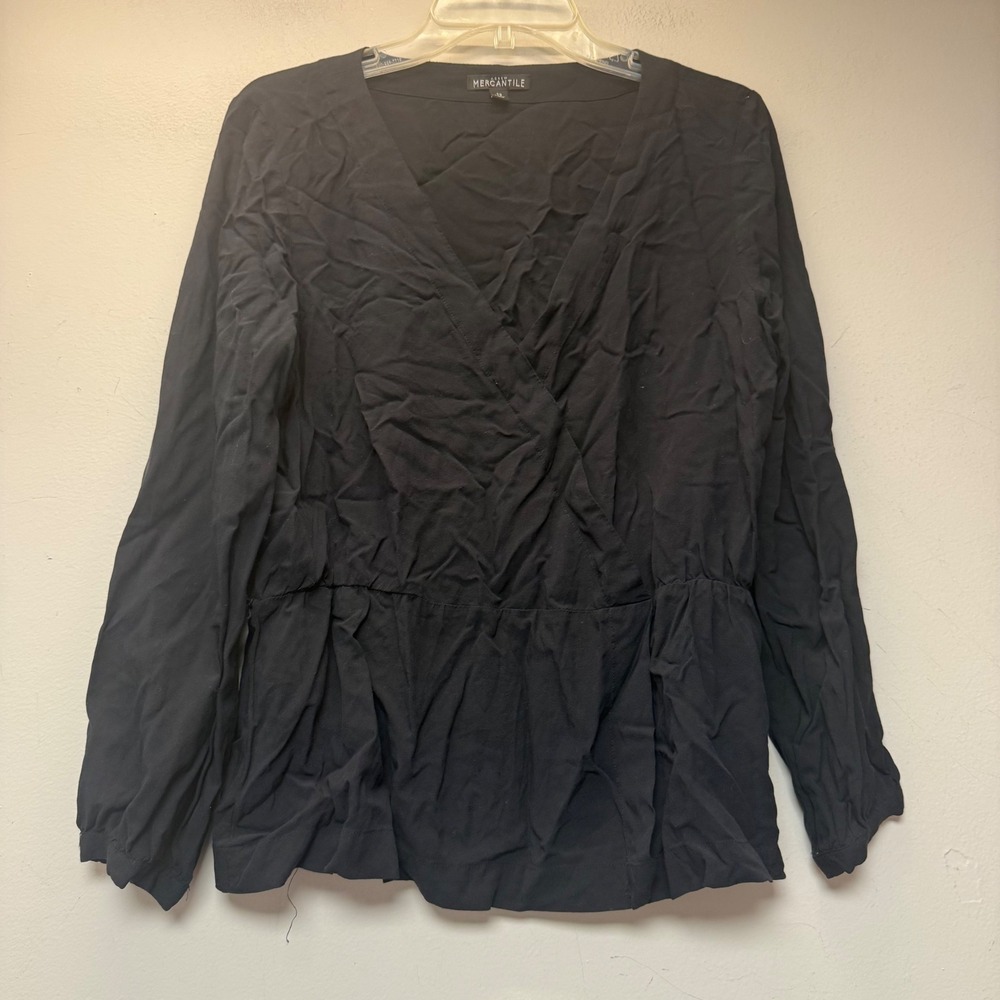 J.Crew Mercantile Blouse Womens 12 Black Excellent Wrap Peplum Long Sleeve Top